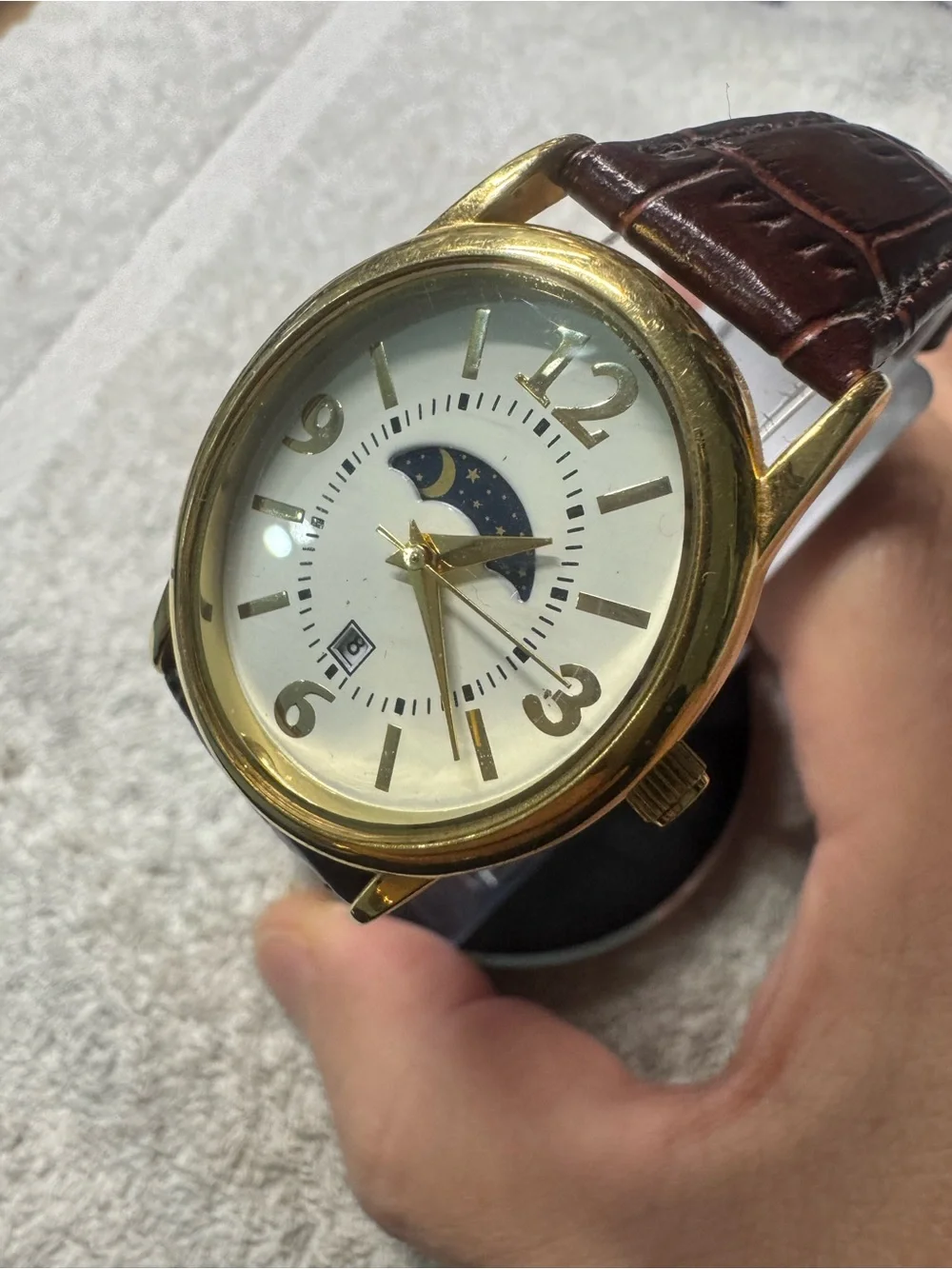 Classic Moonphase Gold-Tone Men’s Watch with Brown Leather Strap